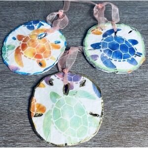 Sand Dollar Ornament - Sea Turtle - Nautical Beach Sea Shell Decoupage Art